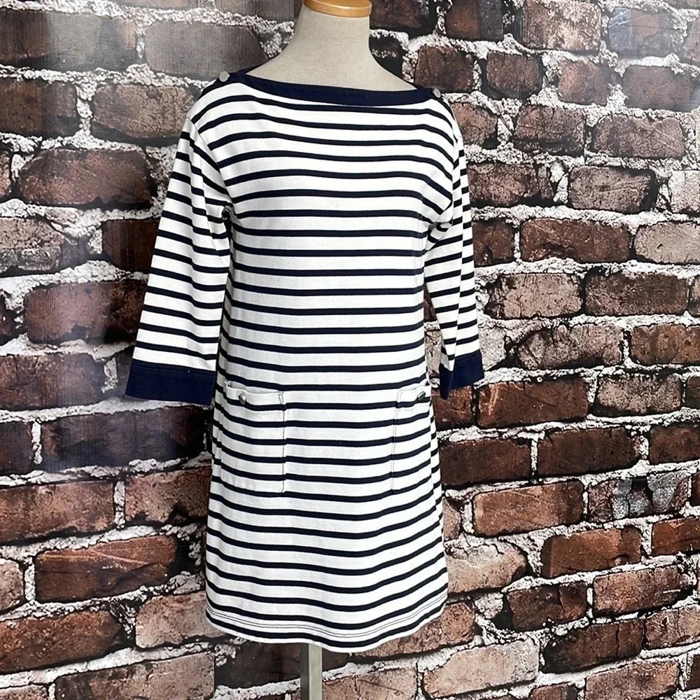 Kate Spade Dress Nautical Stripe Navy Blue White Boatneck Pockets Size Small